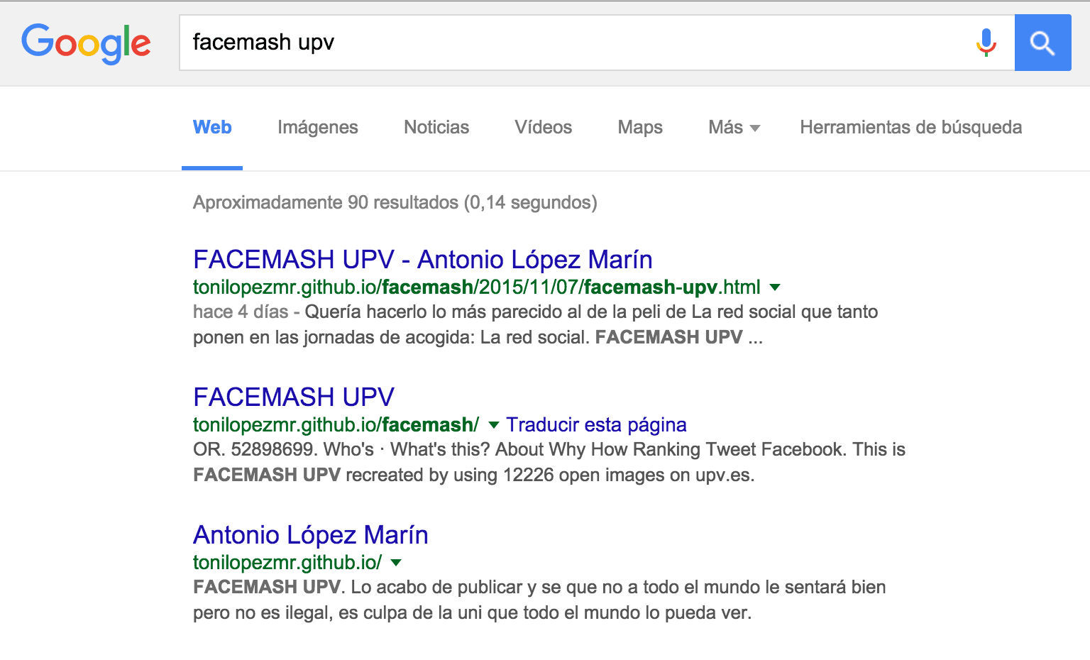 Busqueda en google de Facemash UPV.